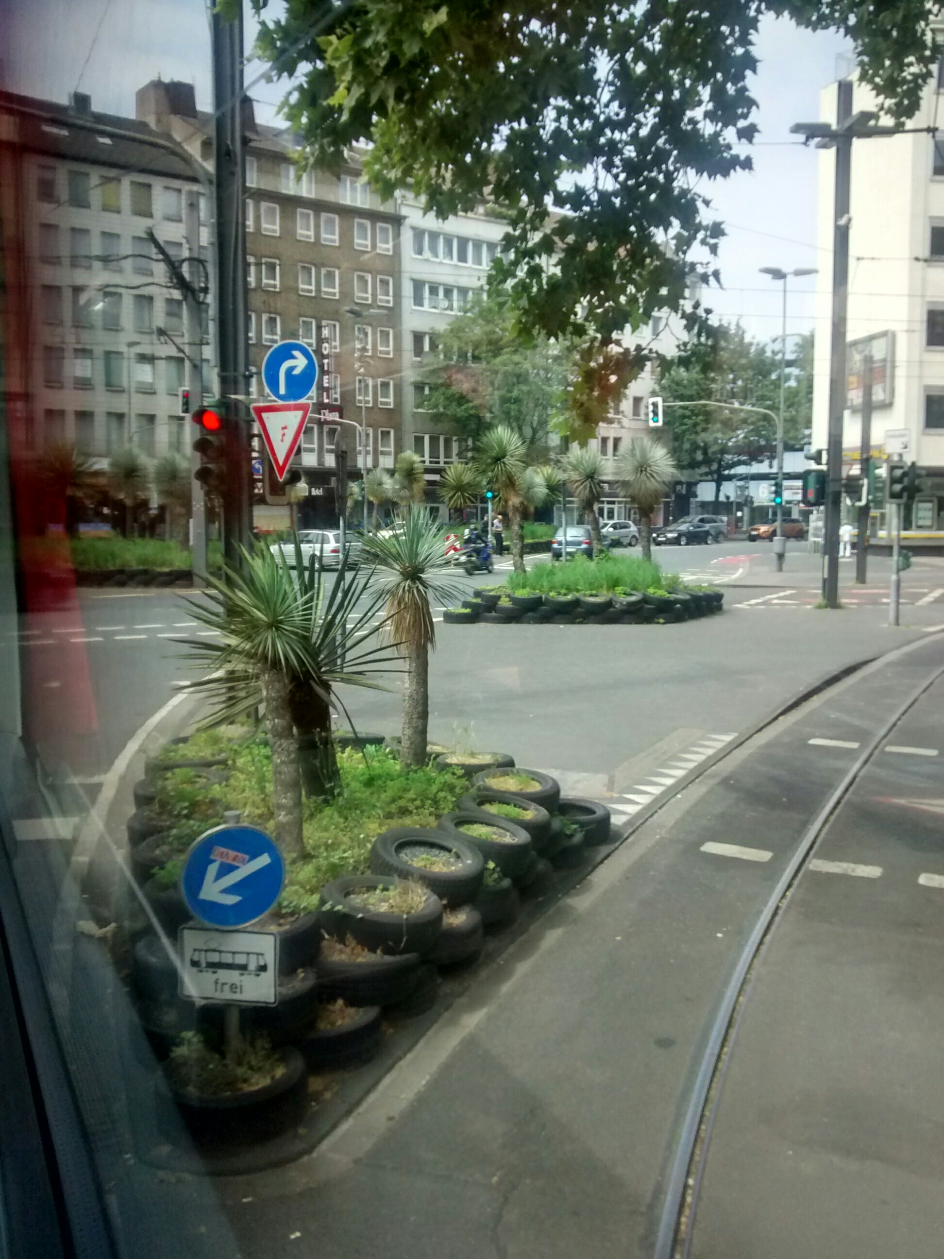 Old tyres reused as planters for urban flower beds. 
